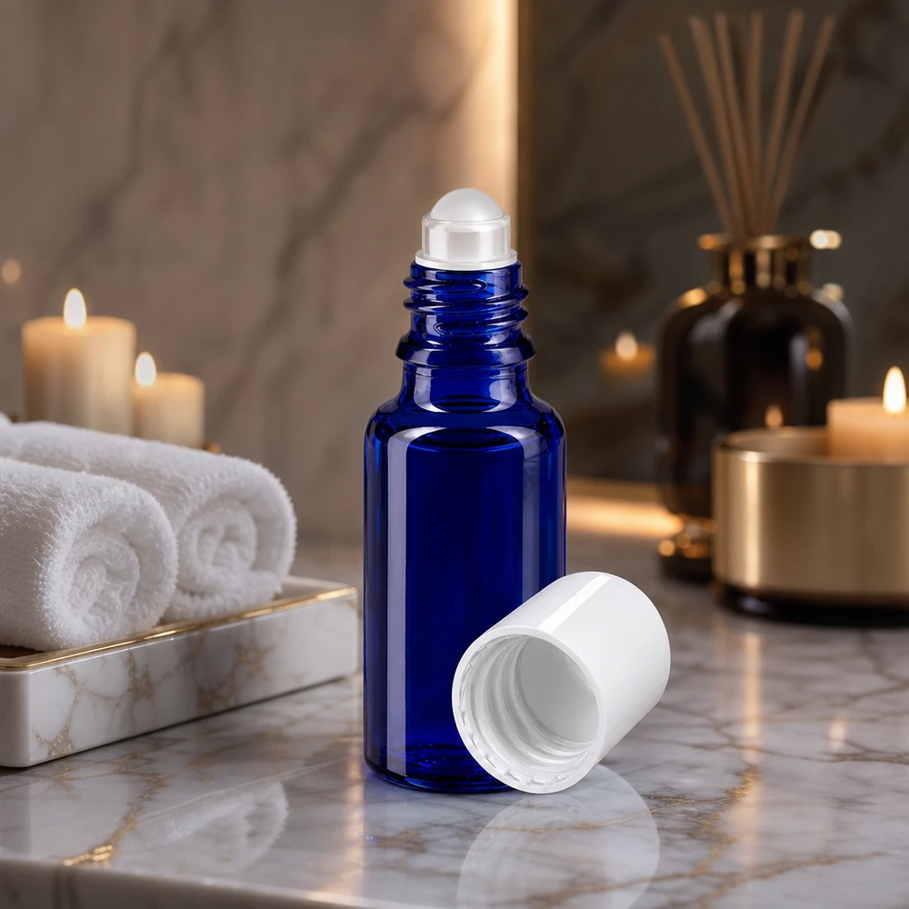 Flacon en verre de pharmacie bleu de 20 ml avec applicateur à bille, dans une ambiance spa relaxante agrémentée d'un parfum d'ambiance