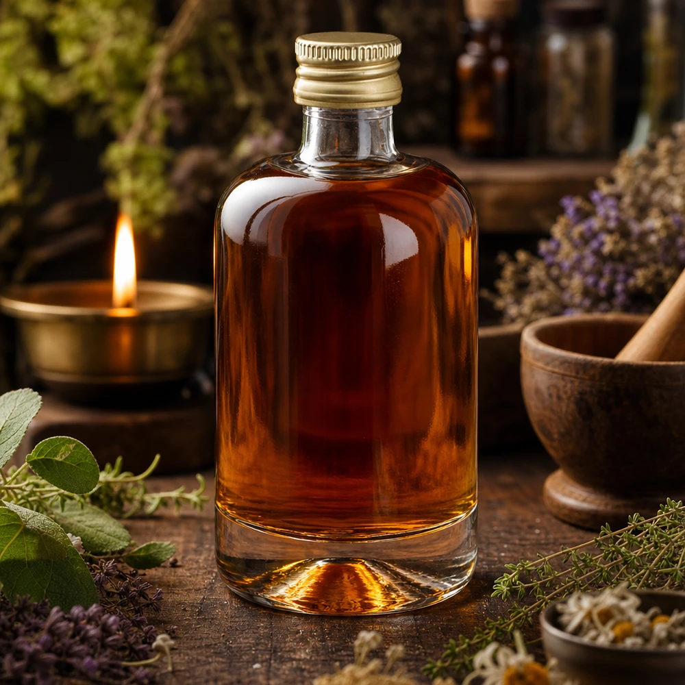 Bouteille en verre 40 ml « Sara » avec bouchon à vis doré UNiTWIST® Flacon en verre Sara de 40 ml avec bouchon doré rempli de liquide brun dans une ambiance de pharmacie rustique