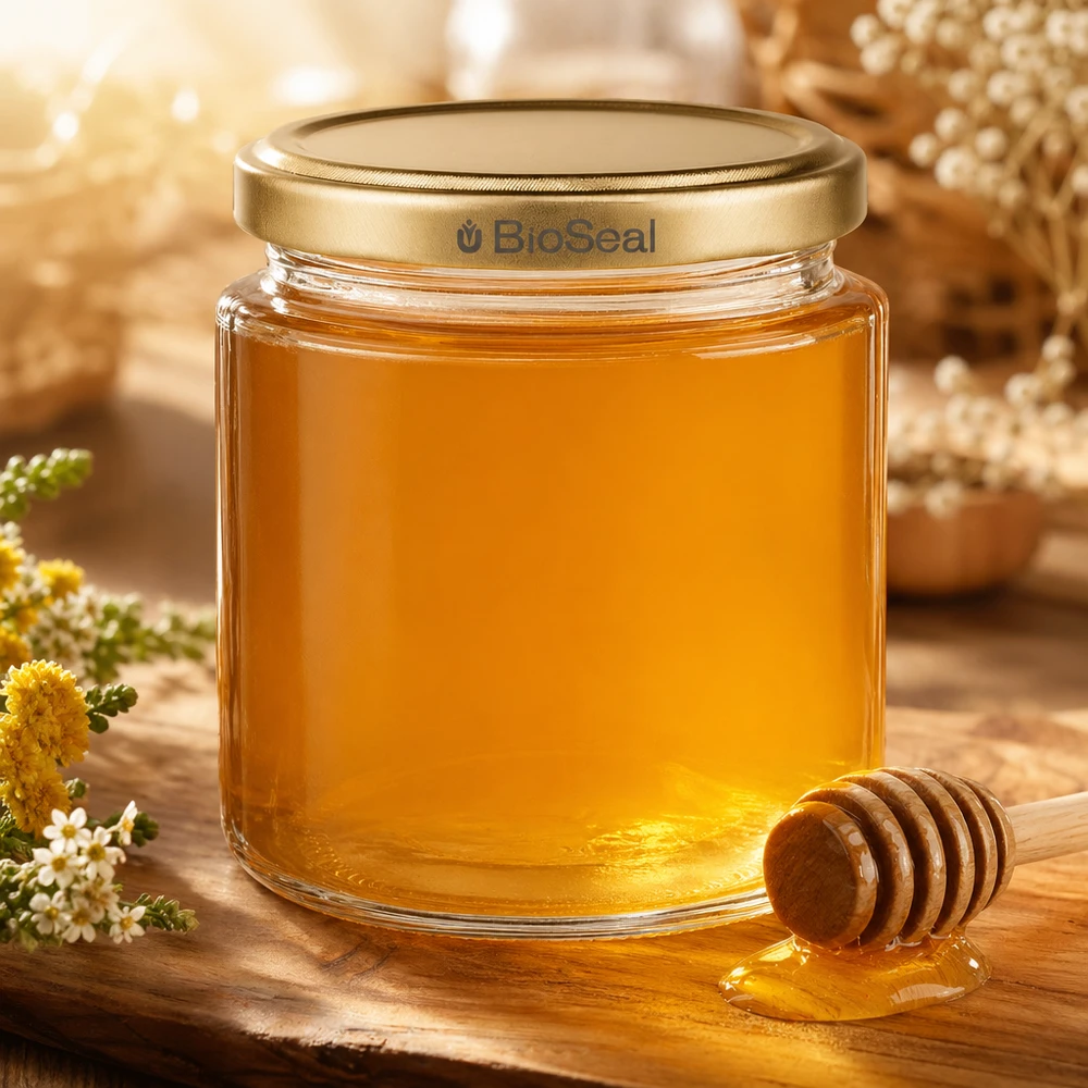Pot de miel de 250ml rempli de miel doré, couvercle BioSeal et cuillère à miel, présentation naturelle avec fleurs