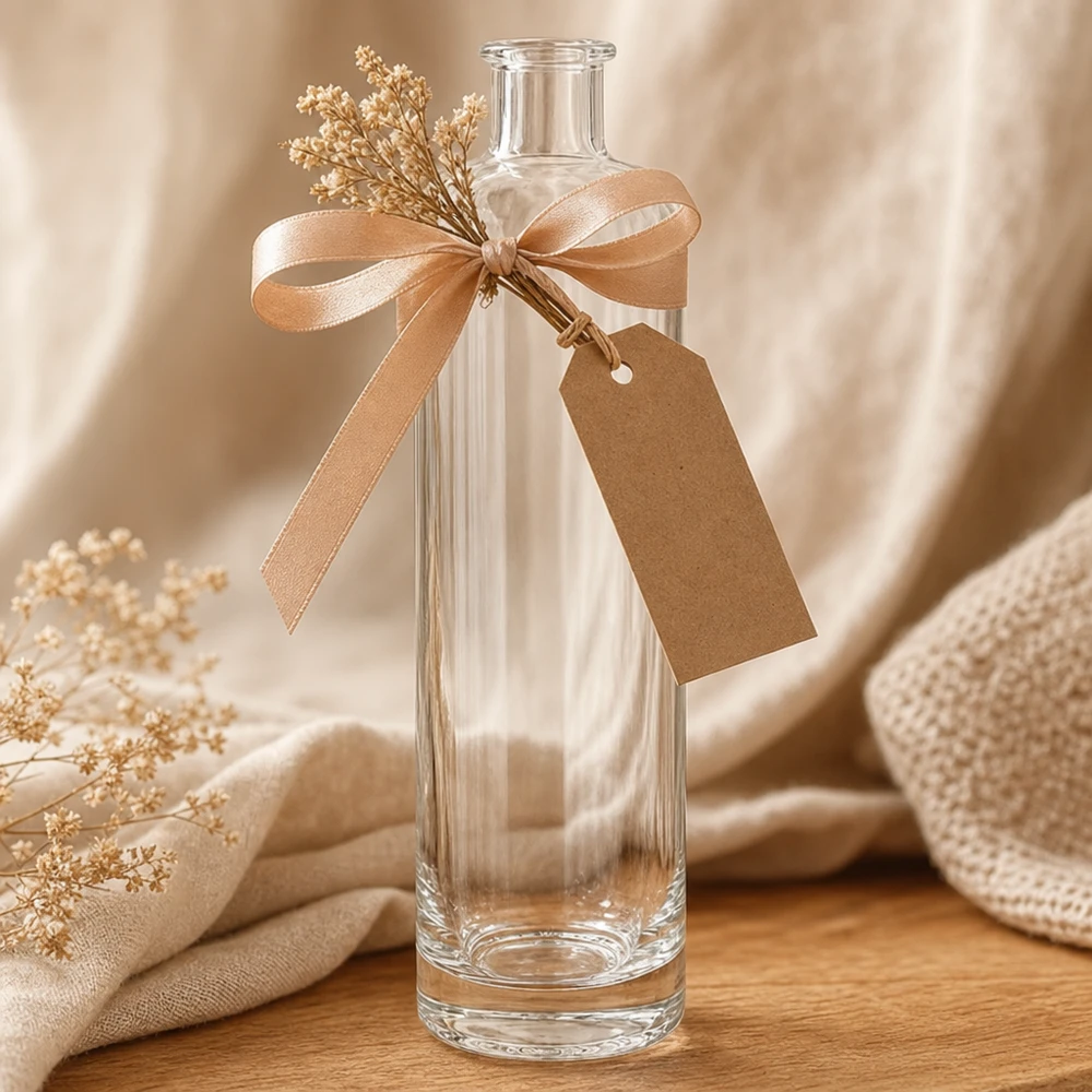 Bouteille en verre 500 ml « Ella » sans bouchon UNiTWIST® Bouteille en verre de 500ml Ella UNiTWIST décorée comme un cadeau avec un ruban de satin pendentif fleurs séchées Déco-Styling