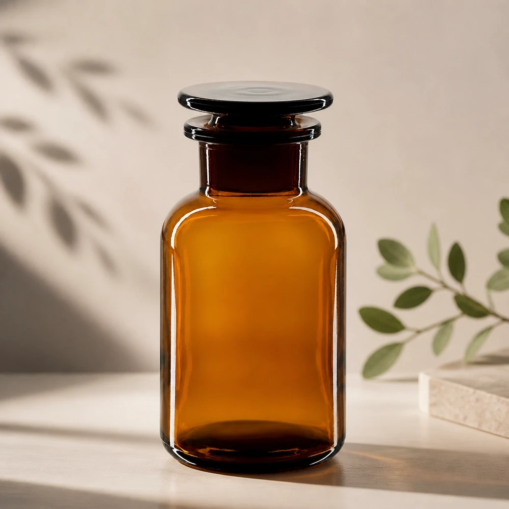 Flacon pharmaceutique 250 ml col large + bouchon en verre ambré Flacon brun à col large de 250 ml, à épaules arrondies, avec bouchon en verre, pour produits chimiques et réactifs