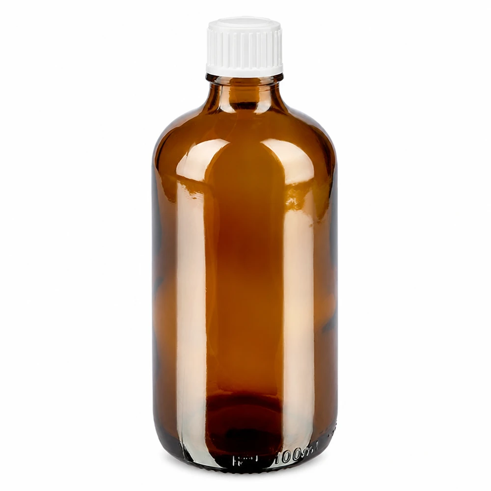 Flacon de pharmacie brun 100ml bouchon compte-gouttes blanc 0.8mm standard Flacon compte-gouttes de 100 ml de couleur ambre, muni d'un compte-gouttes de 0,9 mm et d'un bouchon blanc à sécurité enfants