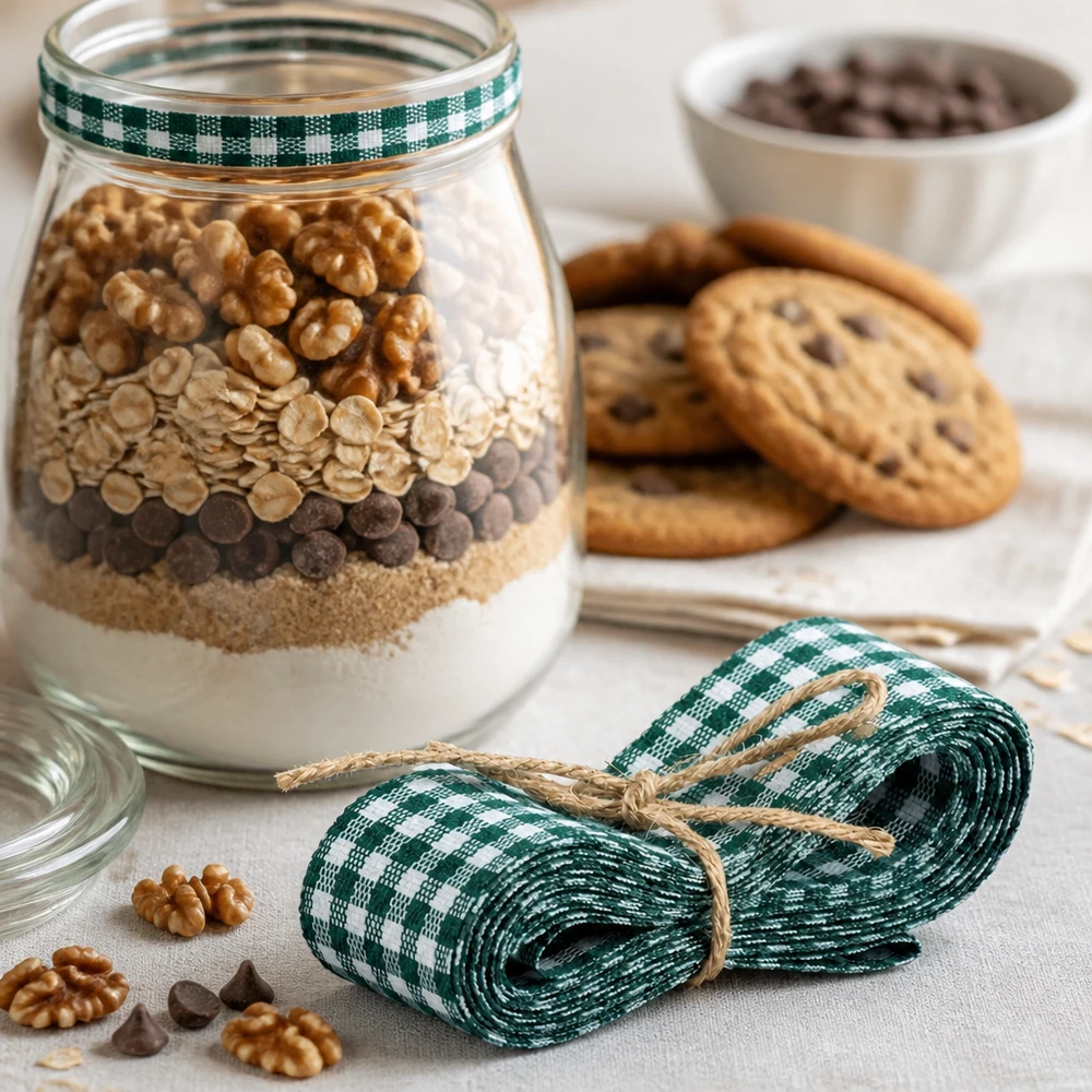 Ruban de tissu vert et blanc 300cm pour mélange à cuire dans un verre Cadeaux DIY décorés avec des noix Cookies et des grains de café