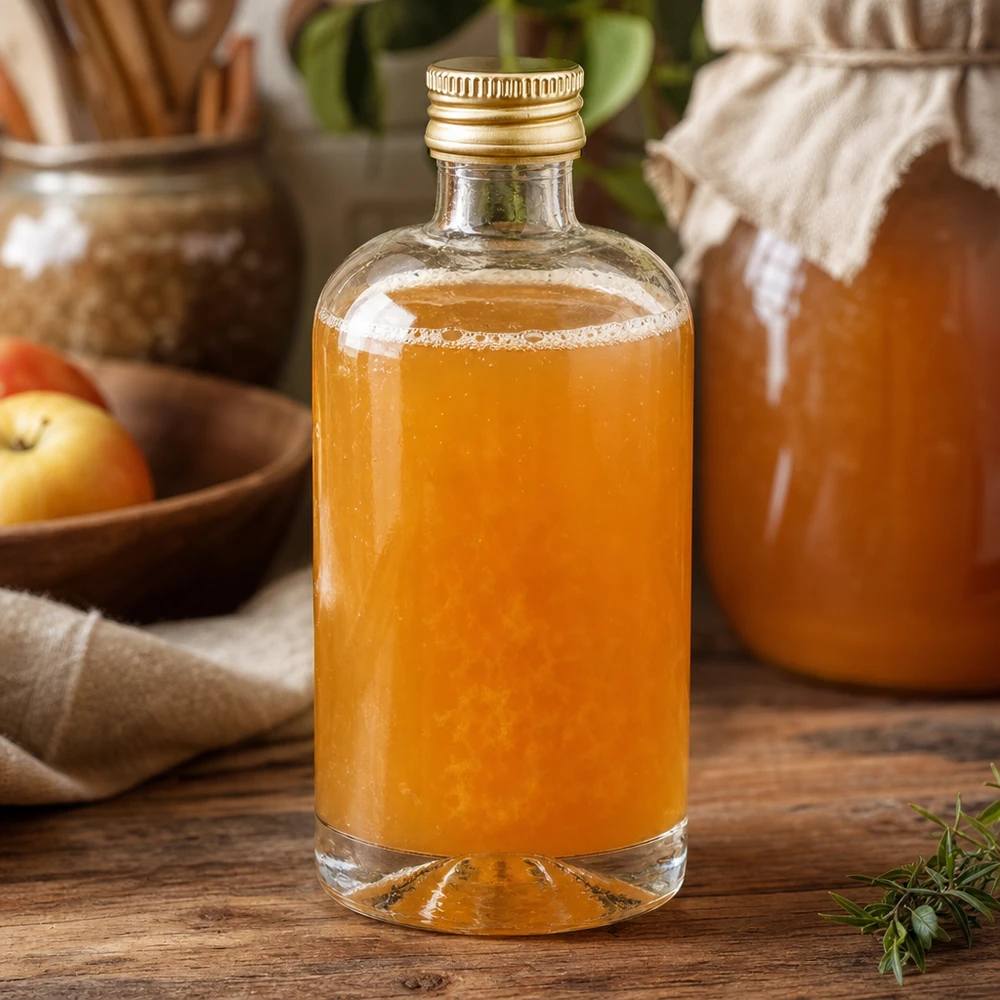 Bouteille en verre 40 ml « Sara » avec bouchon à vis doré UNiTWIST® Flacon en verre Sara de 40 ml, contenu orange et bouchon doré UNiTWIST, sur une table en bois rustique avec des pommes