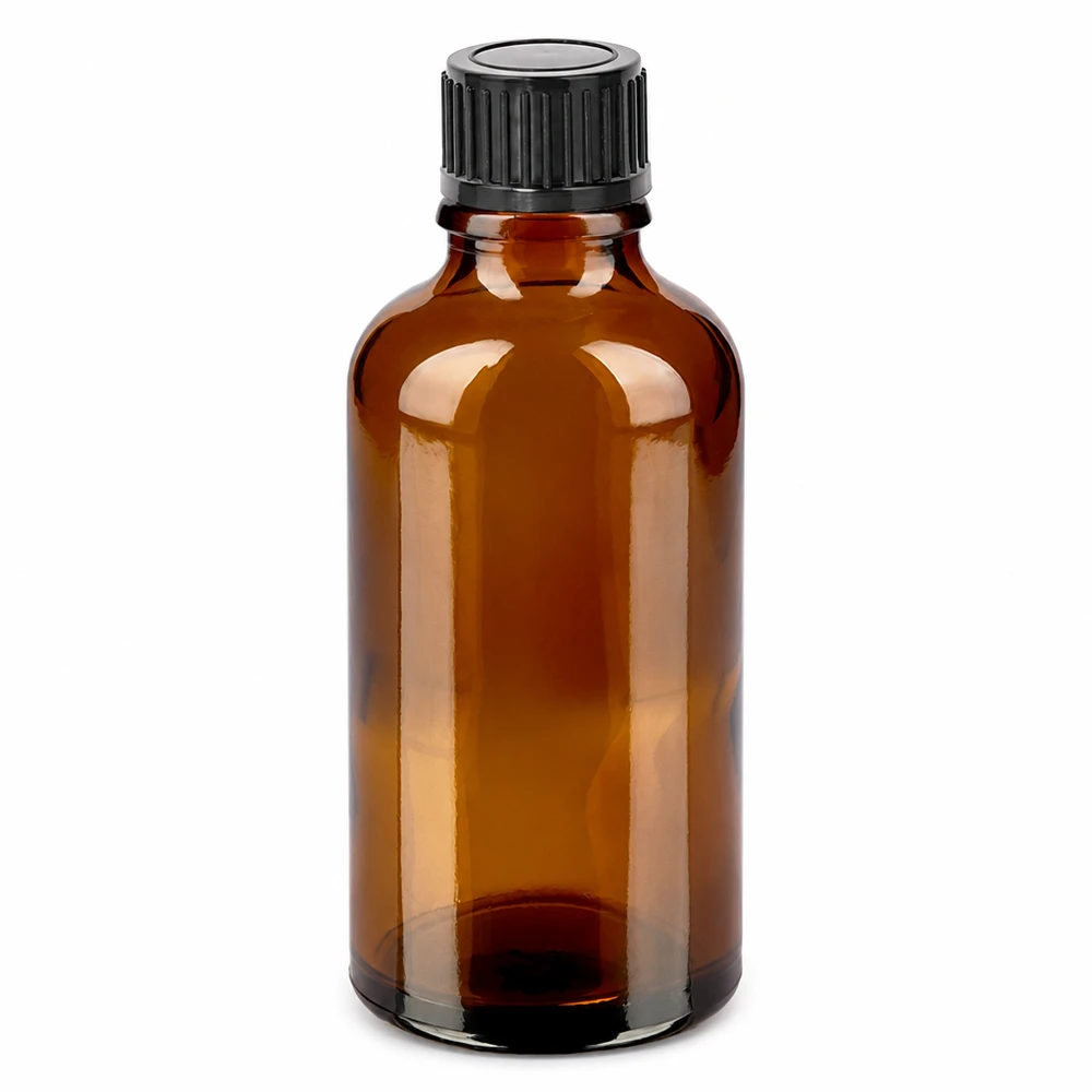 Flacon 50ml 11mm SV noir STD BrownLine UT18/50 Flacon en verre brun de 50ml avec bouchon à vis noir pour huiles essentielles et cosmétiques