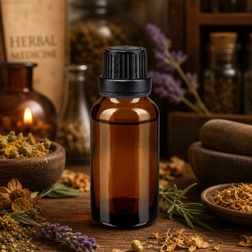 Flacon en verre brun de 20ml fermé par un bouchon vissable noir. Flacon en verre ambré de 20 ml avec bouchon de sécurité noir, destiné à la naturopathie et à la phytothérapie