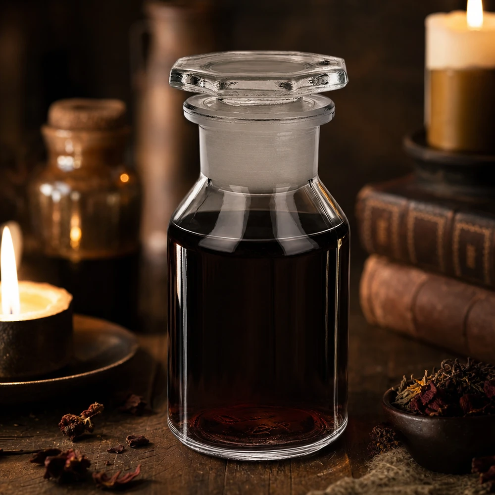Flacon à col large et conique 50 ml en verre clair + bouchon de verre Petit flacon de pharmacie de 50 ml en verre transparent, à col large et muni d'un bouchon en verre hermétique