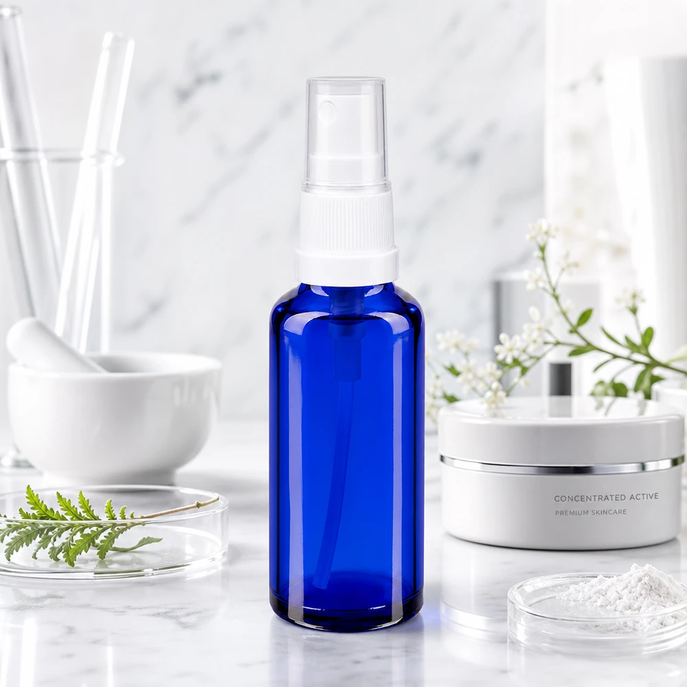 Flacon en verre STD de 30 ml, bleu, avec bouchon de protection transparent, présenté aux côtés de produits de soins de la peau haut de gamme