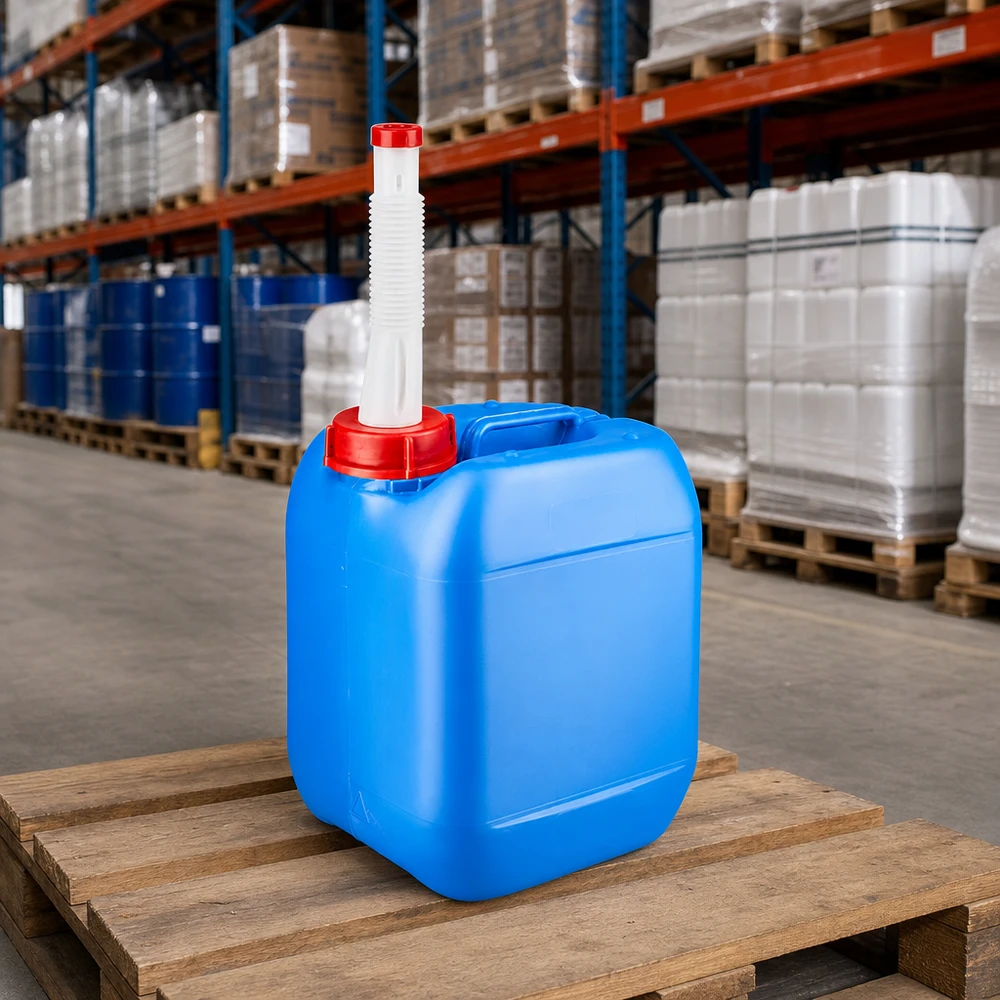 Bidon 5 litres bleu avec tube de vidange Flex Petit bidon industriel bleu de 5 litres avec bec verseur flexible, disponible dans notre entrepôt central