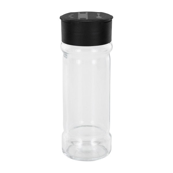 Pot à épices de forme cylindrique 100 ml avec filetage 41 mm, en verre clair avec couvercle saupoudreur dévissable, noir