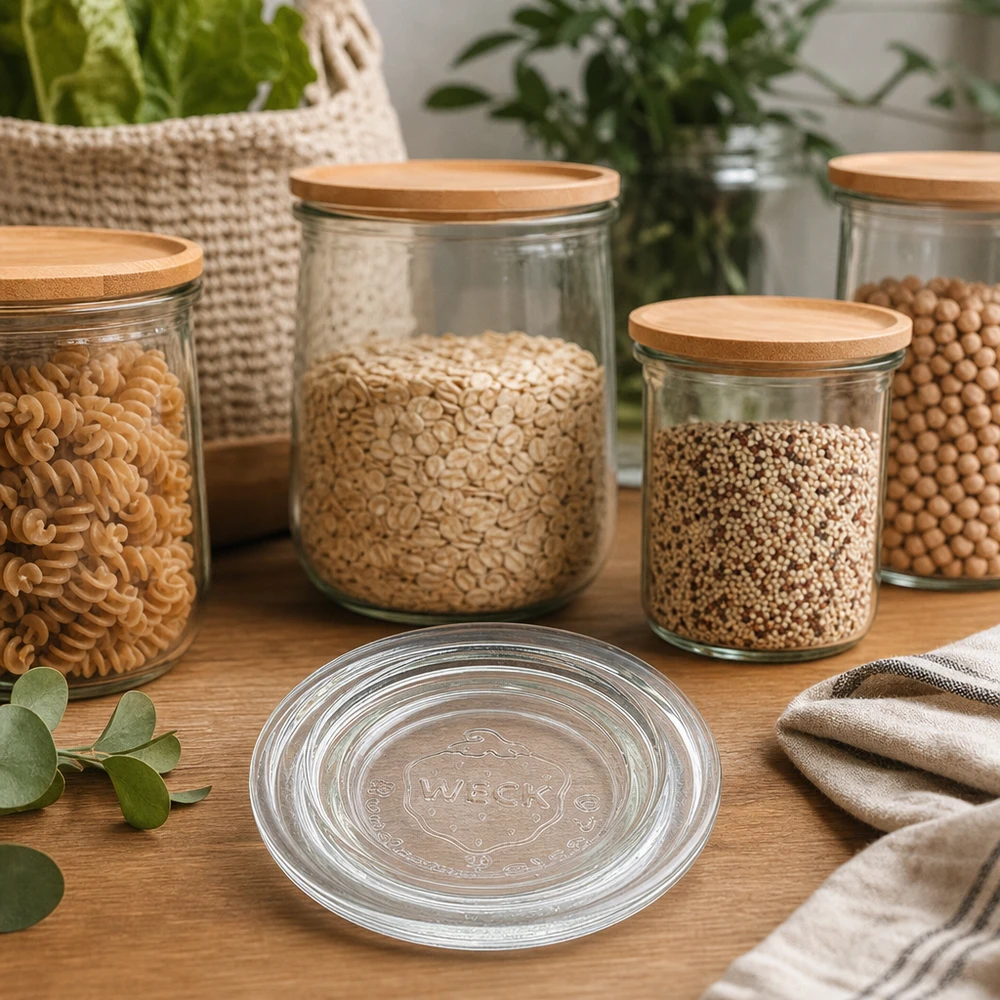 WECK Couvercle en verre RR40 en verre transparent avec couvercles en bambou pour une conservation élégante des provisions dans une cuisine moderne