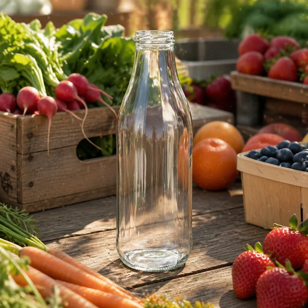 1000ml UNiTWIST Bouteille en verre TO48 vide sur table en bois avec fruits et légumes frais Outdoor Scénario naturel