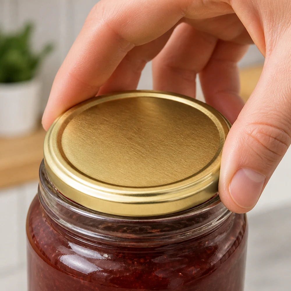 Gros plan sur un couvercle à vis doré TO58 sur un pot en verre de confiture rouge UNiTWIST unitemp