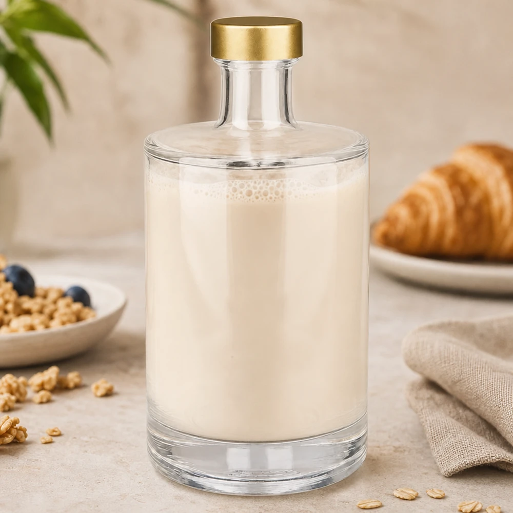 Bouteille en verre Sam de 500 ml remplie de lait blanc Bouchon doré UNiTWIST Ambiance petit-déjeuner Croissants Noix