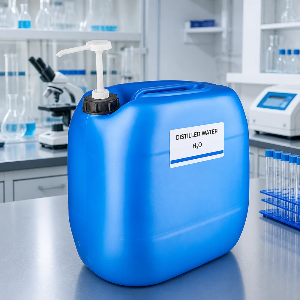 Grand bidon en plastique bleu muni d'une pompe, utilisé dans un environnement de laboratoire professionnel