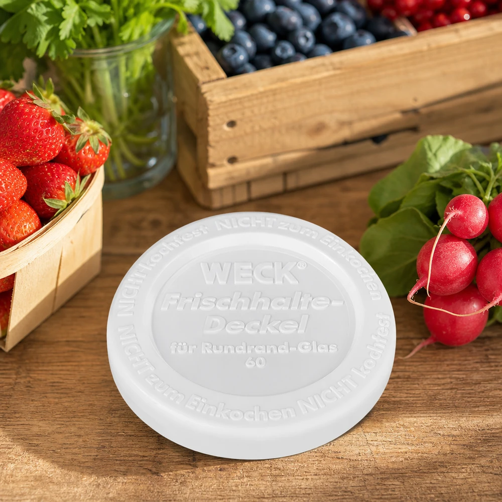 WECK Couvercle fraîcheur RR60 Scène Lifestyle table en bois fruits frais légumes fraises myrtilles radis herbes aromatiques