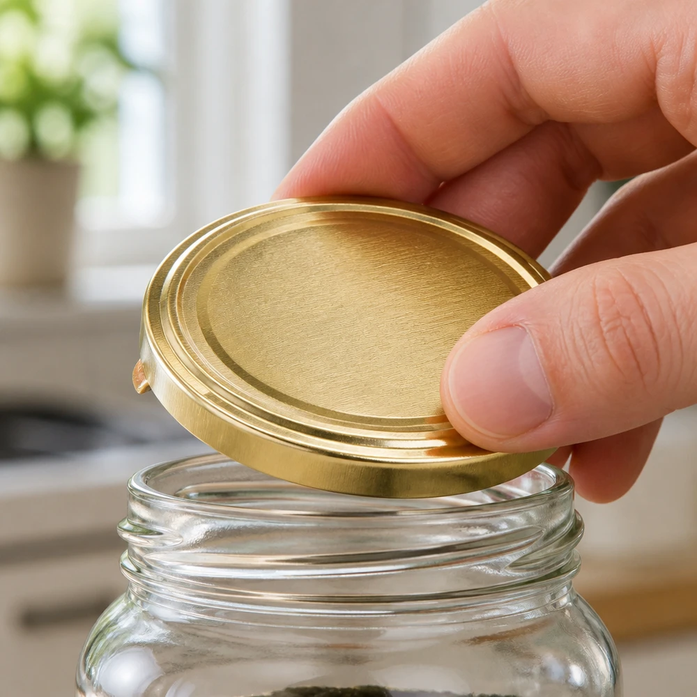 Couvercle à vis doré de 58 mm, posé à la main sur un bocal de conservation transparent UNiTWIST sans BPA ni NI