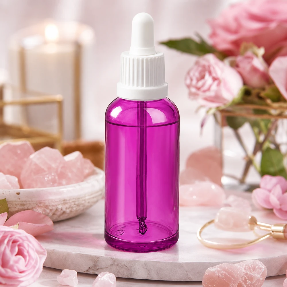Flacon pipette 50ml blanc originalité bouchon à vis PurpleLine UT18/50 Flacon à pipette de 50 ml d'un violet tendance pour une conservation hygiénique des substances actives