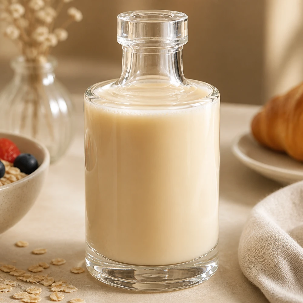 Bouteille en verre 100 ml « Marie » sans bouchon UNiTWIST® Bouteille en verre Marie de 100 ml au contenu crémeux dans un environnement de cuisine élégant avec du muesli et des flocons d'avoine en guise de décoration
