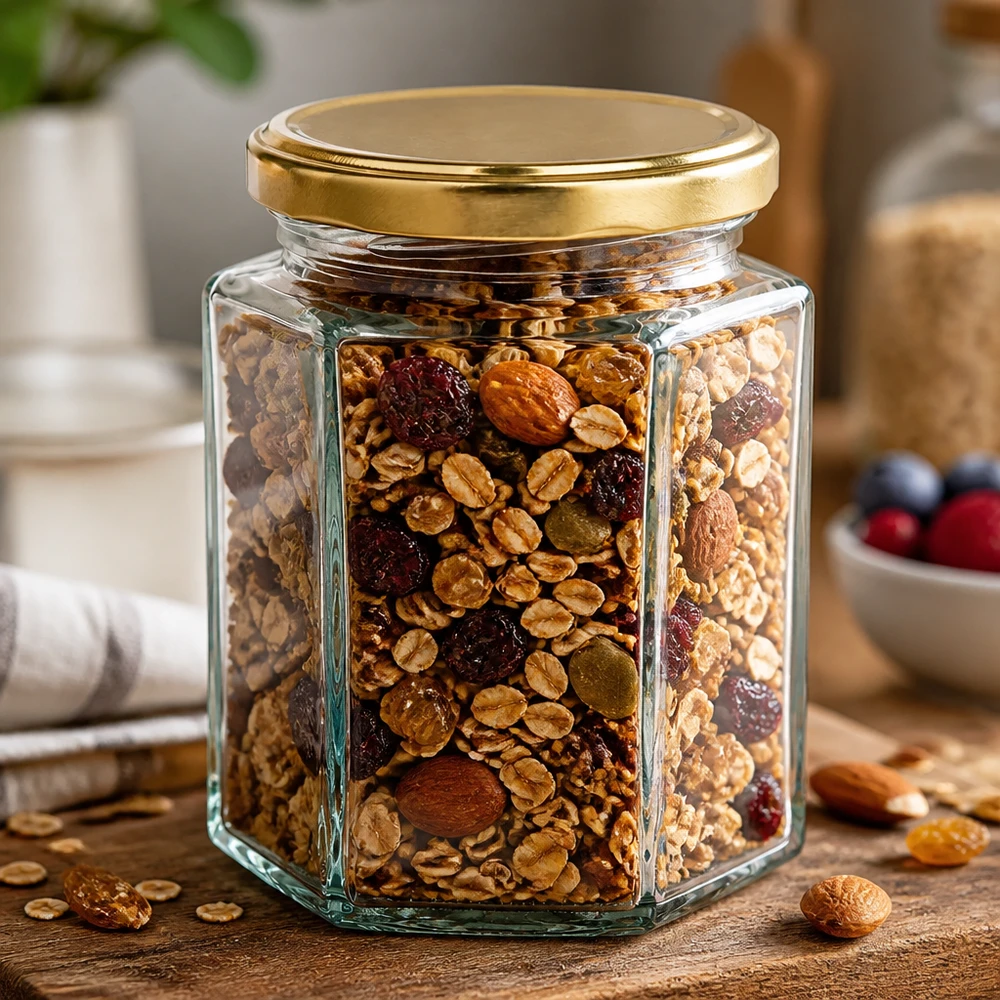 Pot Hexaglas UNiTWIST de 191 ml avec couvercle BasicSeal doré, rempli de granola et de fruits secs