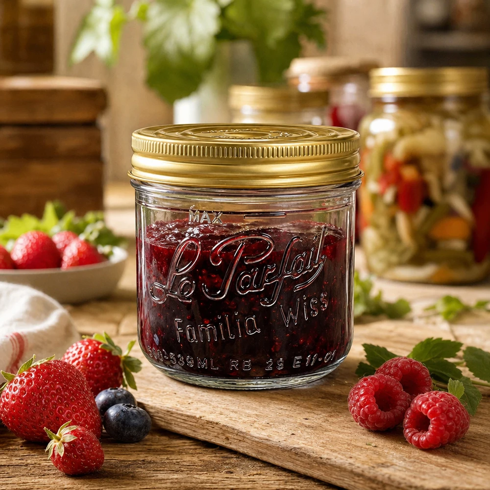 Le Parfait® Familia Wiss 500 g Ø100 mm bocal Verre Familia Wiss 539ml avec couvercle à visser doré sur planche en bois avec fraises framboises et confiture