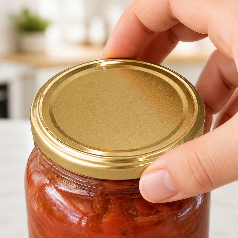 UNiTWIST TO82 or, BioSeal, sans BPA, unitemp TO82 Couvercle de bocaux doré avec fermeture BioSeal pour bocaux contenant des morceaux de tomates - Cuisine