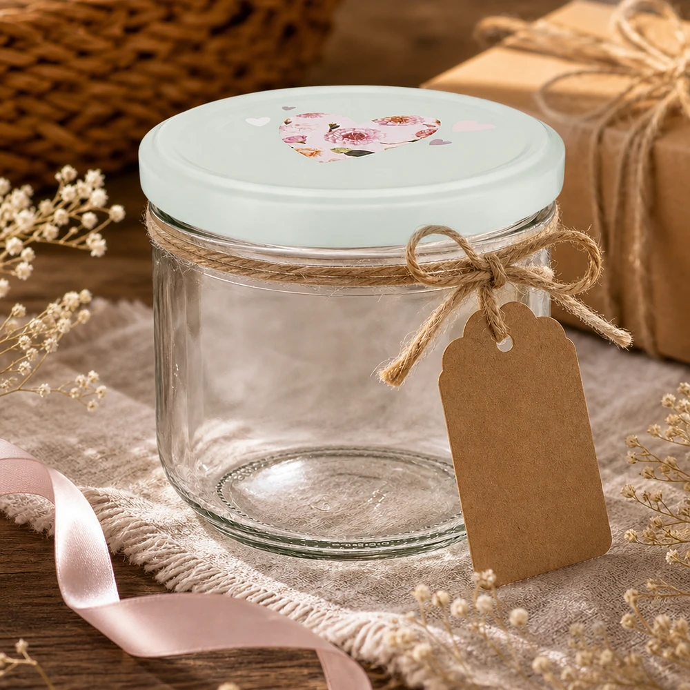 260ml verre renversé vide avec couvercle BasicSeal motif coeur, emballage cadeau avec corde de jute et pendentif, décoration