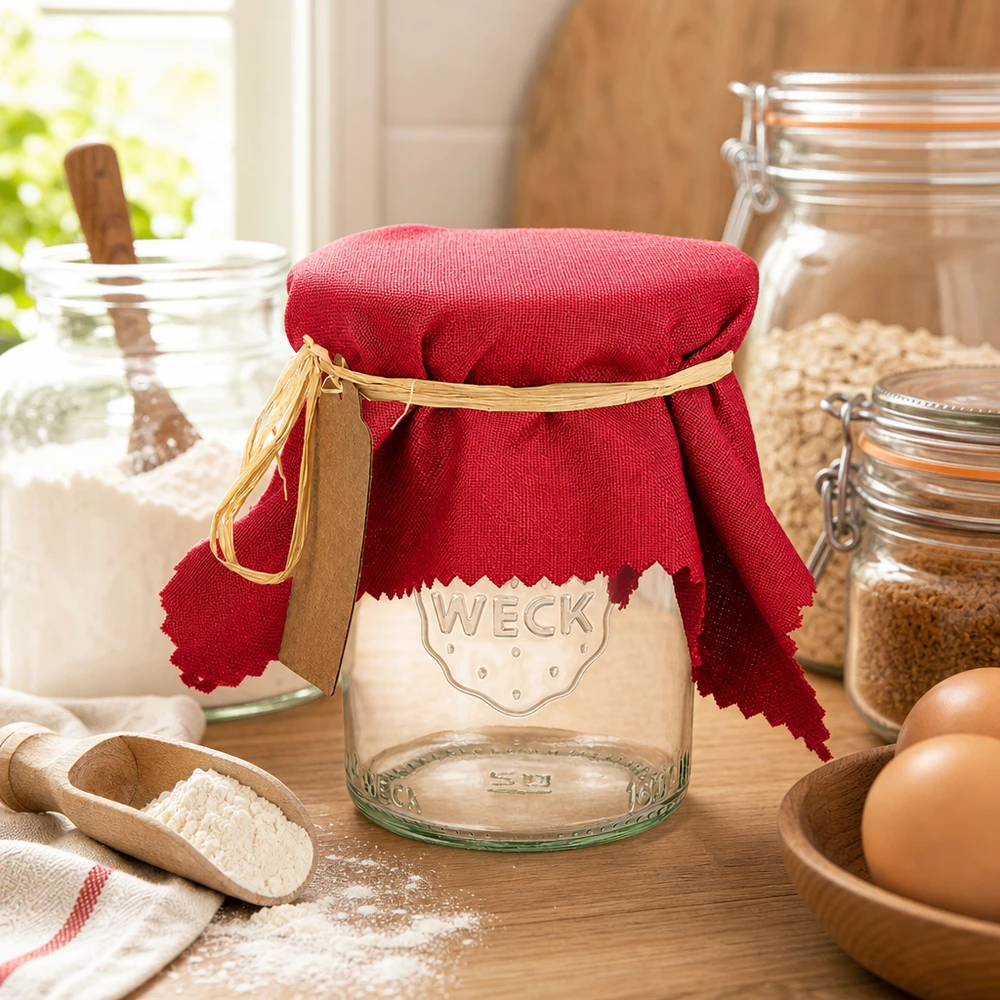 Couvre-bijoux en tissu rouge bordeaux 15cm sur verre WECK avec ruban de raphia dans une cuisine de campagne confortable avec des œufs et de la farine