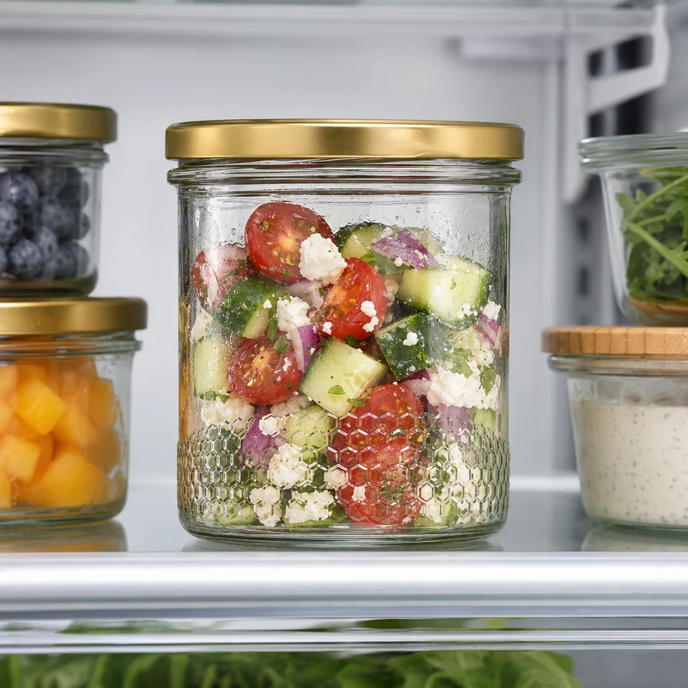 Pot à miel de 400 ml avec couvercle BasicSeal doré UNiTWIST comme pot à salade au réfrigérateur rempli de salade grecque