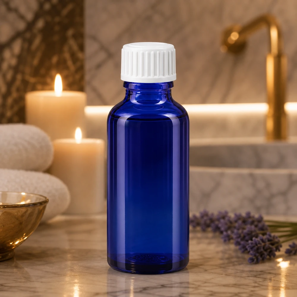 Flacon pharmaceutique bleu cobalt de 30 ml en verre d'apothicaire, muni d'un bouchon de sécurité blanc, au spa