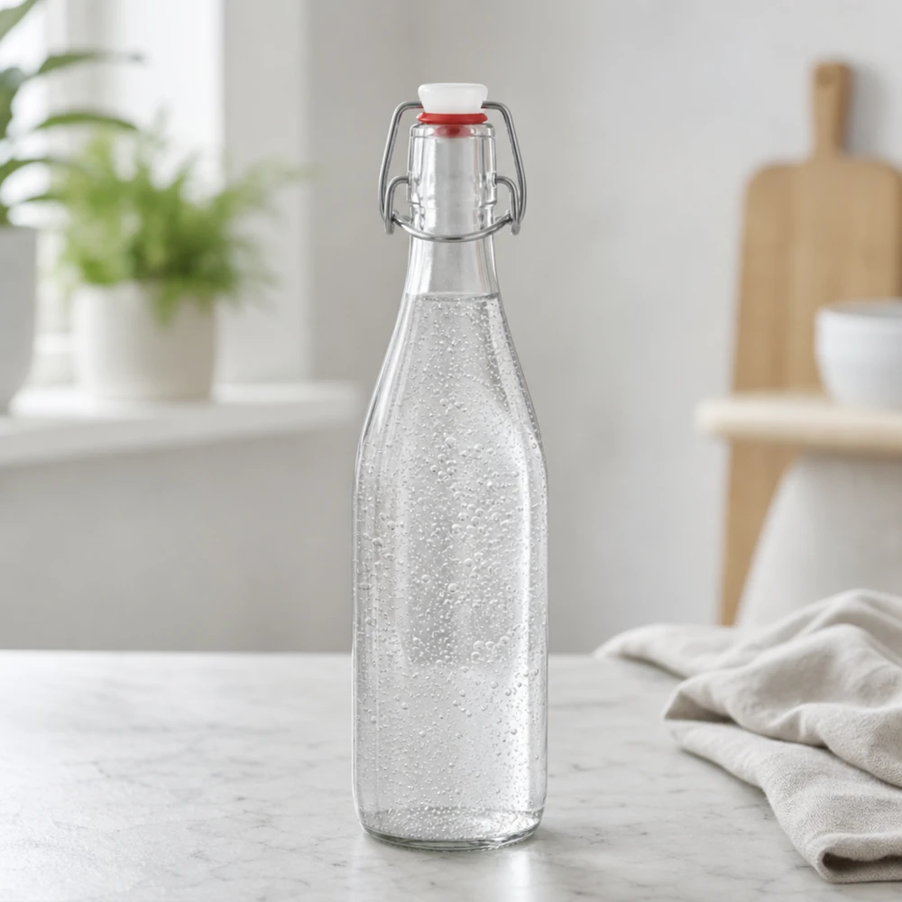 Bouteille en verre de 500 ml + bouchon mécanique PVC UNiTWIST Bouteille en verre de 500ml avec bouchon à étrier remplie d'eau gazeuse cuisine moderne Bouteille d'eau gazeuse