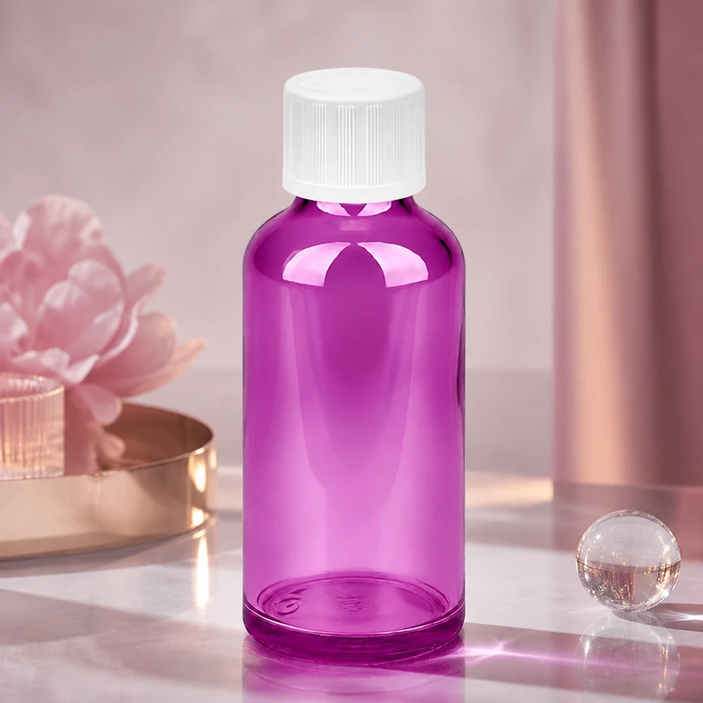 Flacon compte-gouttes 50ml 1.2mm blanc standard sécurité enfant PurpleLine.UT18/50 Flacon doseur de 50 ml en violet avec filetage UT18 - optimal pour les préparations liquides et les extraits