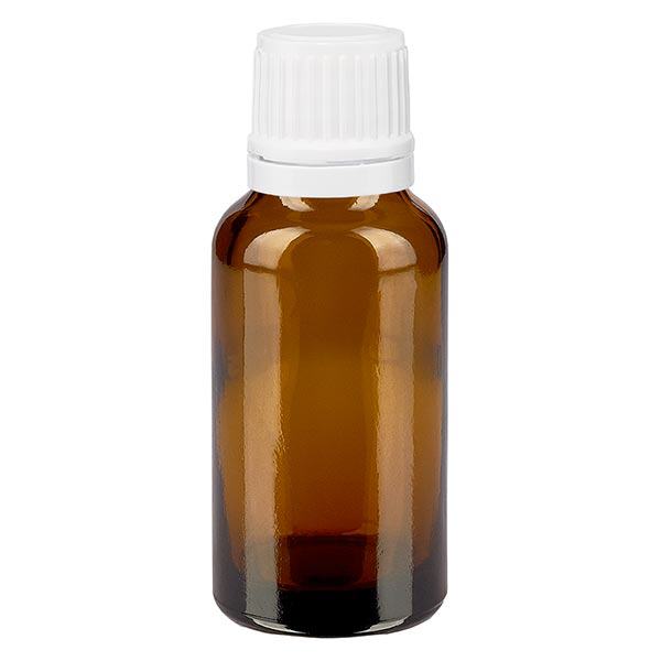 Flacon pharm. marron 20ml,bouchon vissable blanc,inviolabilité