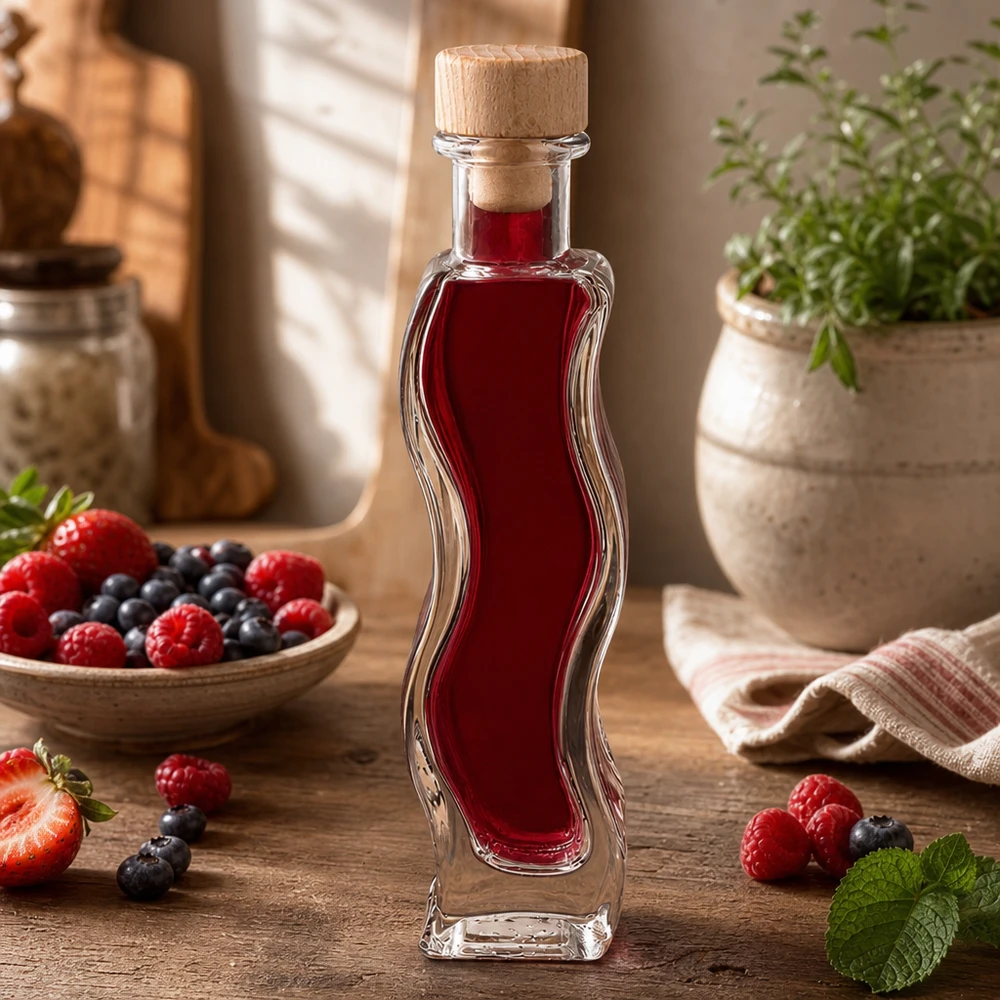 Bouteille en verre Melissa de 100 ml remplie de jus de baies entourée de fraises fraîches Framboises Myrtilles Bouchon en bois