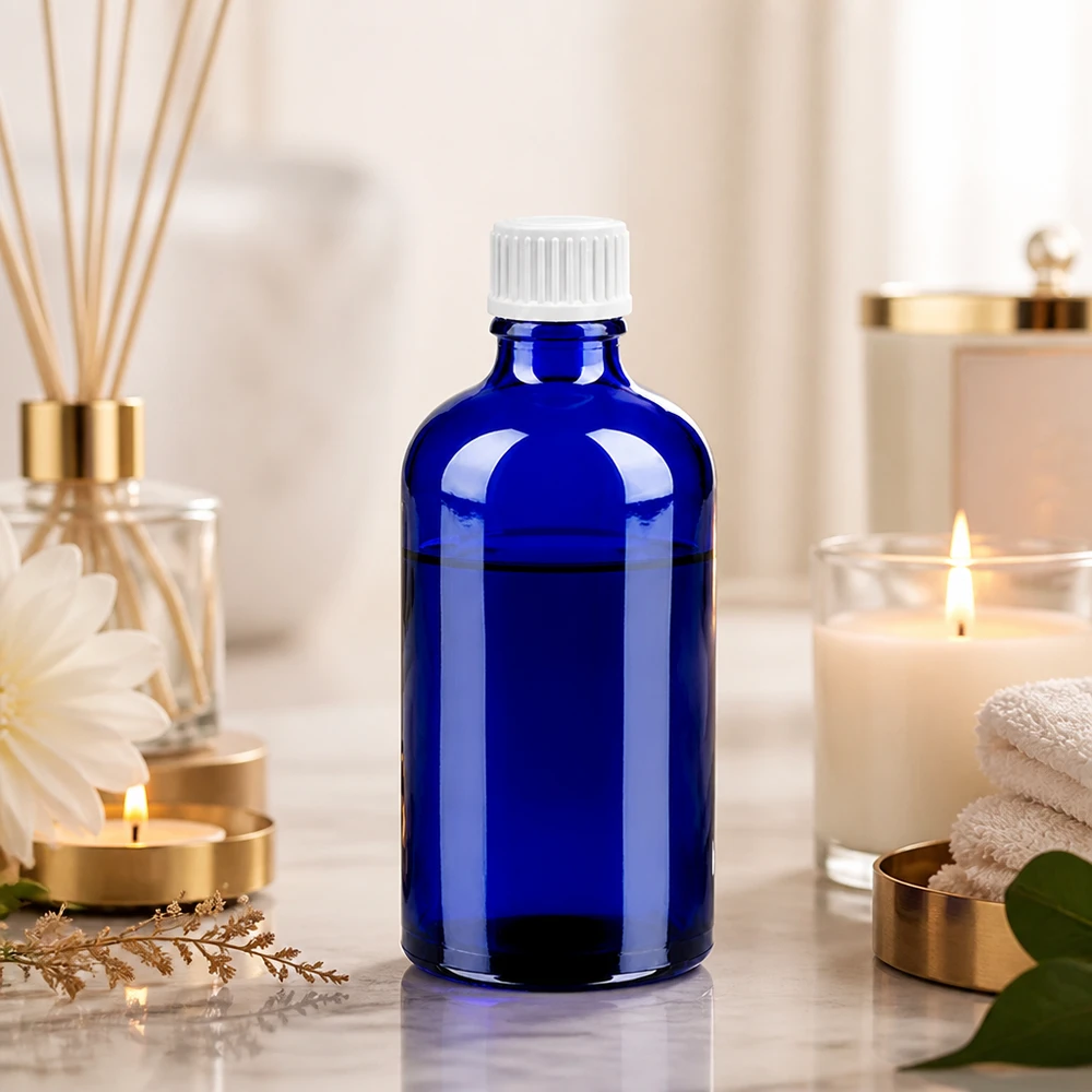 100ml flacon compte-gouttes 0.9mm blanc STD BlueLine UT18/100 Flacon en verre bleu rechargeable de 100 ml avec compte-gouttes anti-fuite pour la cosmétique et la pharmacie