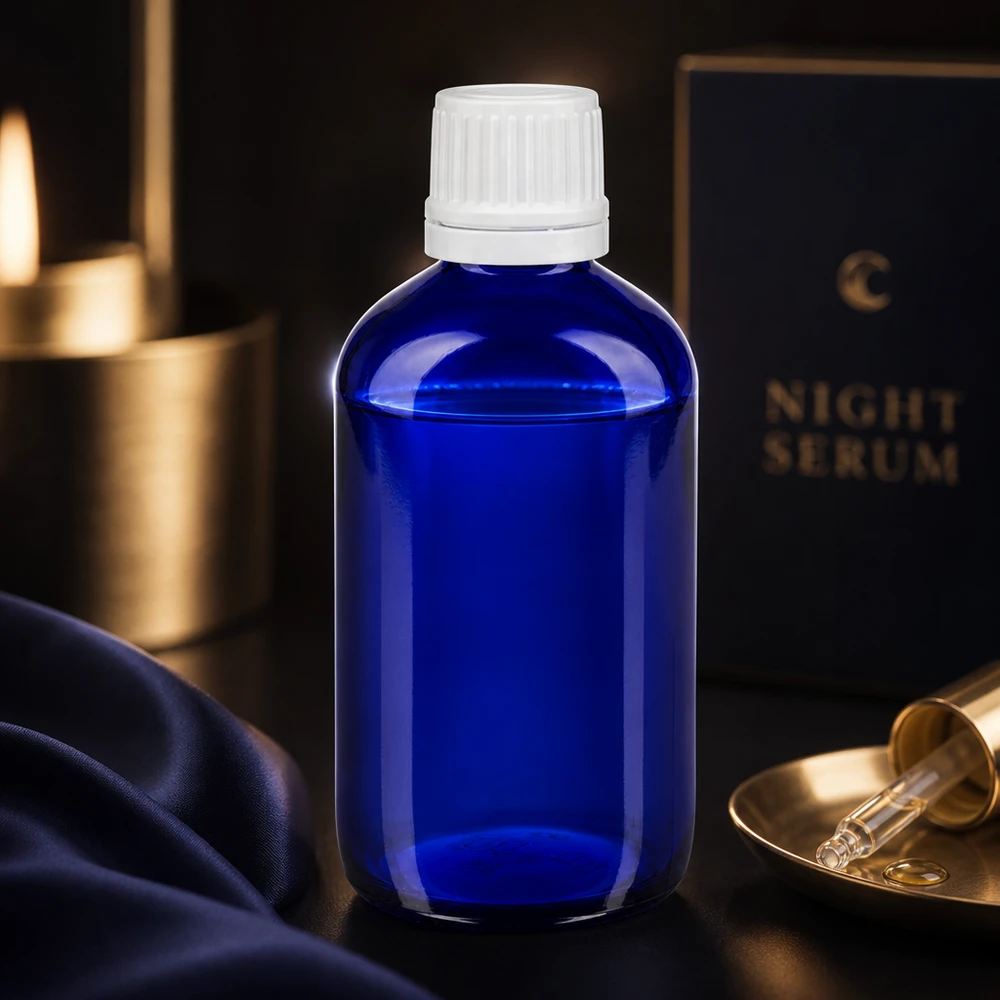 Flacon en verre compact bleu de 20 ml, muni d'un bouchon de sécurité enfant standard pour les applications au compte-gouttes