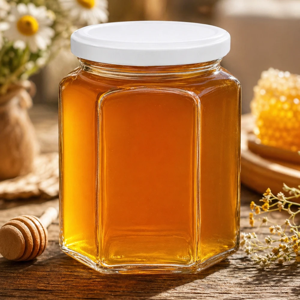 Pot à miel 400 g avec couvercle blanc BasicSeal UNiTWIST Pot de miel hexagonal de 400g rempli de miel doré entouré de cire d'abeille et de camomille sur une table en bois
