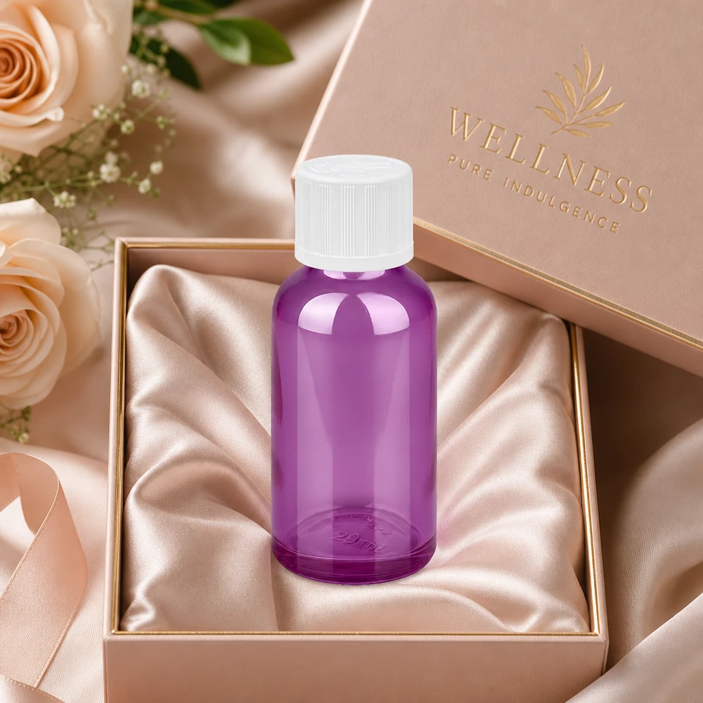 Flacon compact de 30 ml en violet avec bouchon UT18 à l'épreuve des enfants pour une conservation mobile du produit