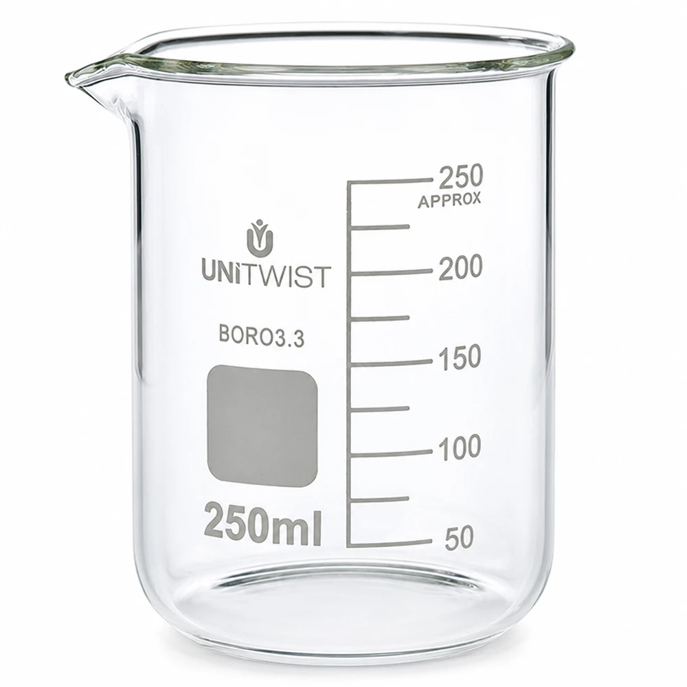 Bécher 250ml borosilicate, forme basse UNiTWIST Bécher transparent de 250 ml avec bec verseur, en borosilicate 3.3, modèle de laboratoire bas UNiTWIST