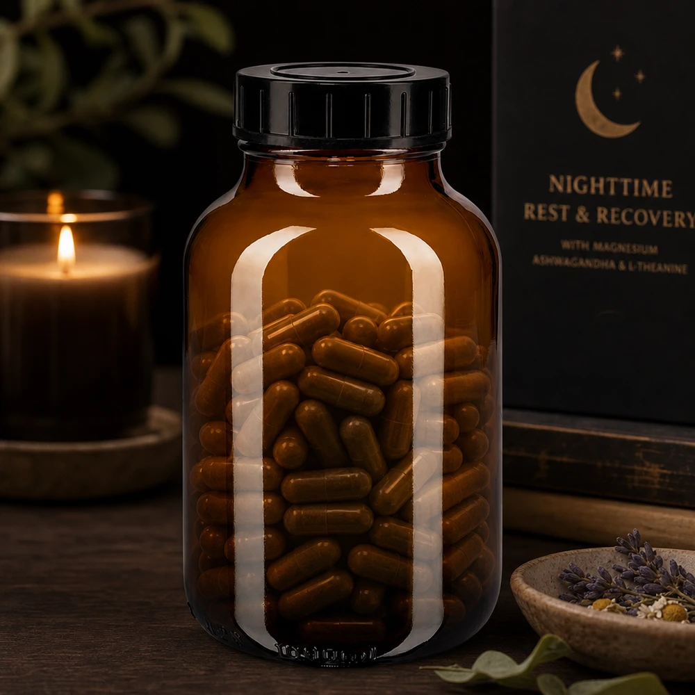 Bouteille en verre brun de 1000 ml à large ouverture et bouchon noir pour un remplissage facile
