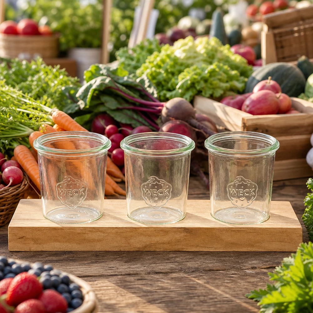 Plateau de service Plano3 avec 3 bocaux Weck de 160 ml Leere Weck Sturzgläser 160ml auf Holzbrett Plano3 zwischen frischem Gemüse auf Marktstand - ideal für Konserven