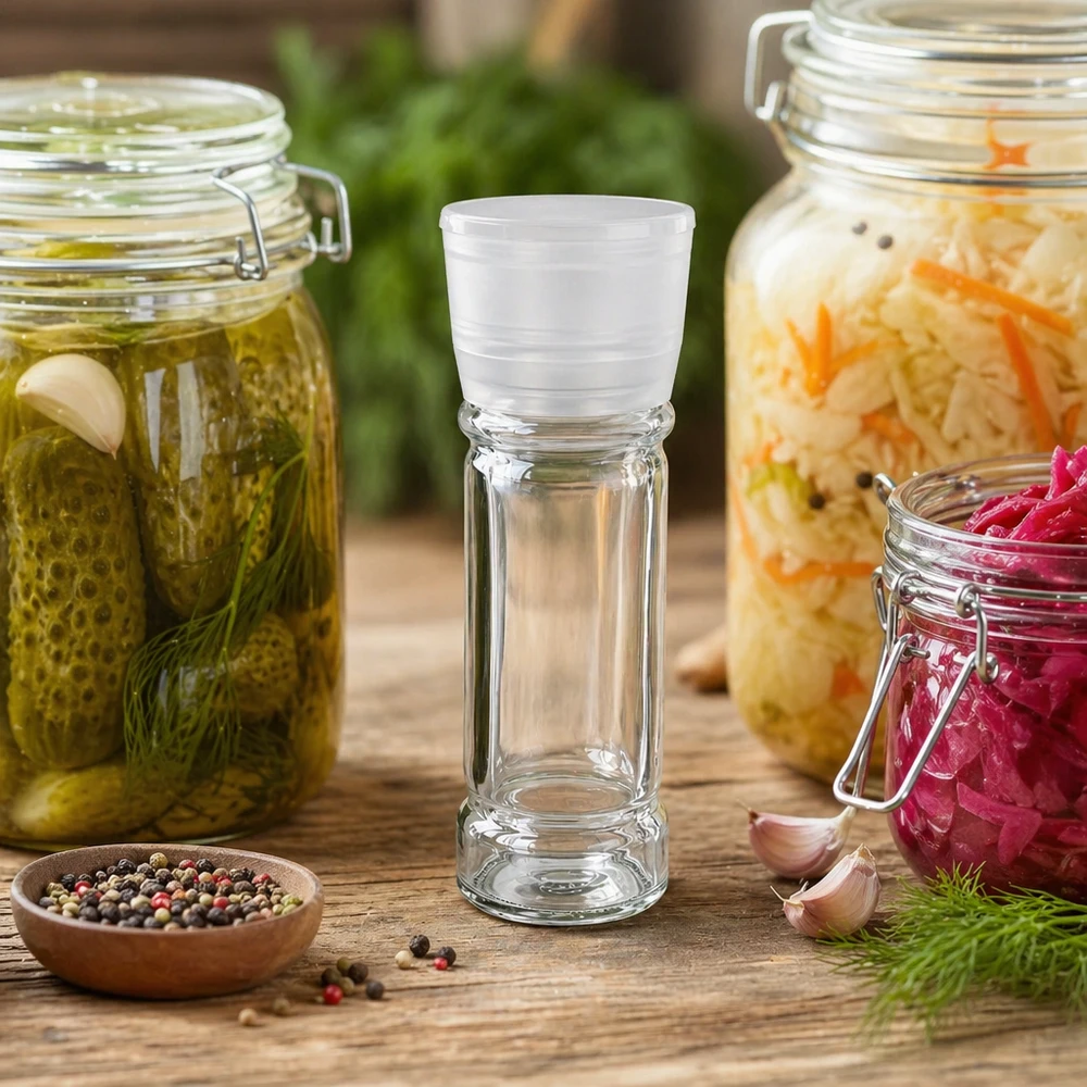 Pot à sel/épices 100 ml avec moulin Vario blanc Petit pot à sel en verre de 100 ml dans une scène de table avec des légumes fermentés et des grains de poivre