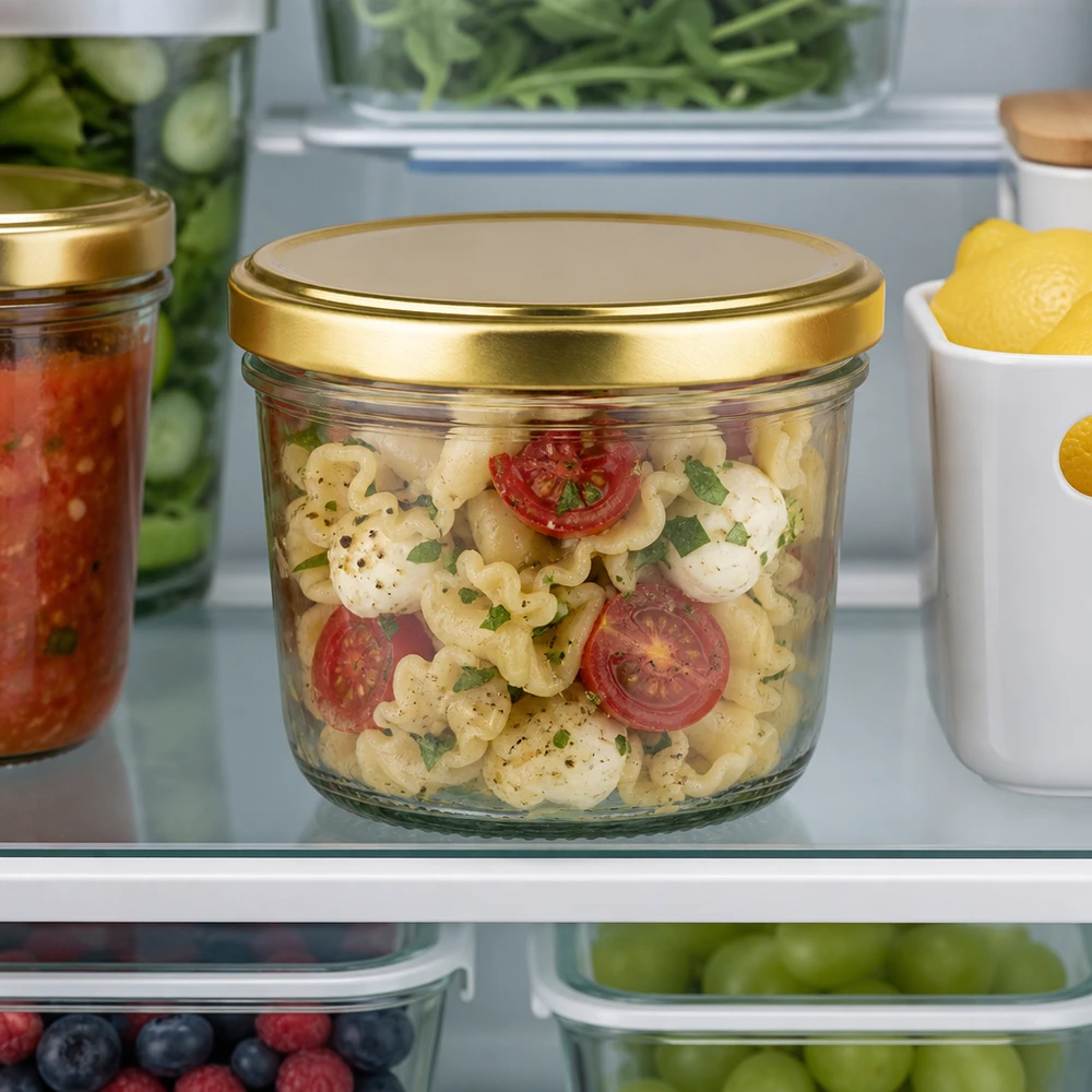 Verre renversé BasicSeal or de 230 ml rempli de salade de pâtes dans le réfrigérateur à côté d'autres récipients de stockage