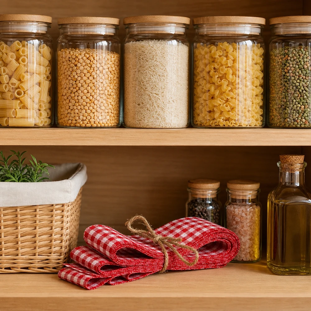 Ruban en tissu rouge et blanc pour la décoration, 300 cm Ruban de tissu à carreaux rouge et blanc 300cm plié de manière décorative dans une cuisine de réserve organisée avec des bocaux et des ustensiles de cuisine