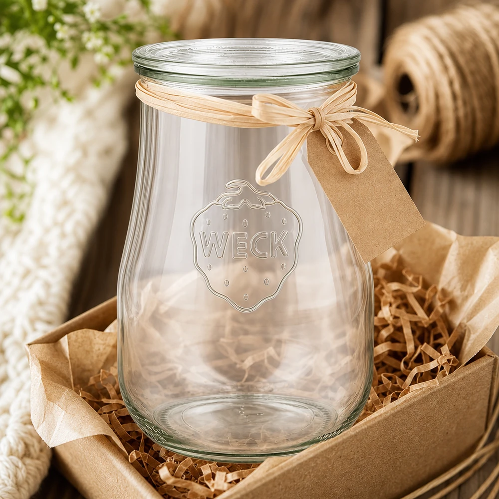 WECK Pot tulipe 1750ml RR100 emballé de manière décorative avec un ruban en raphia et une étiquette cadeau dans un panier avec des matériaux naturels