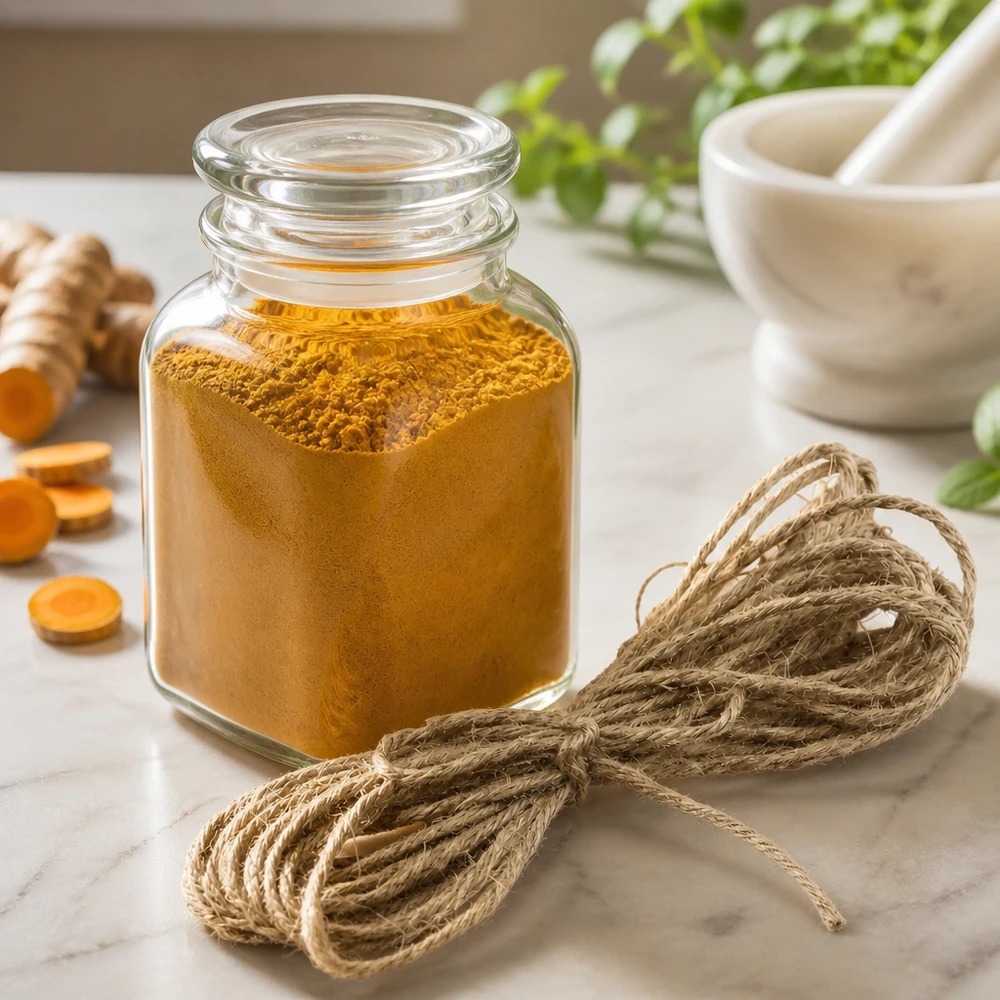 Cordon naturel pour la décoration, 300 cm de long Cordon naturel de jute 300cm arrangé de manière décorative avec un bocal à épices et des ustensiles de cuisine sur un plan de travail en marbre