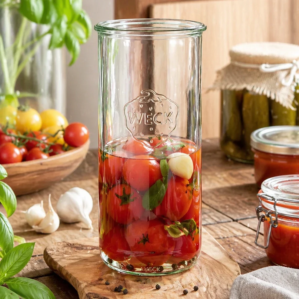 1500ml WECK Pot renversé RR100 avec tomates confites sur planche en bois, entouré de tomates fraîches et de bocaux de conservation