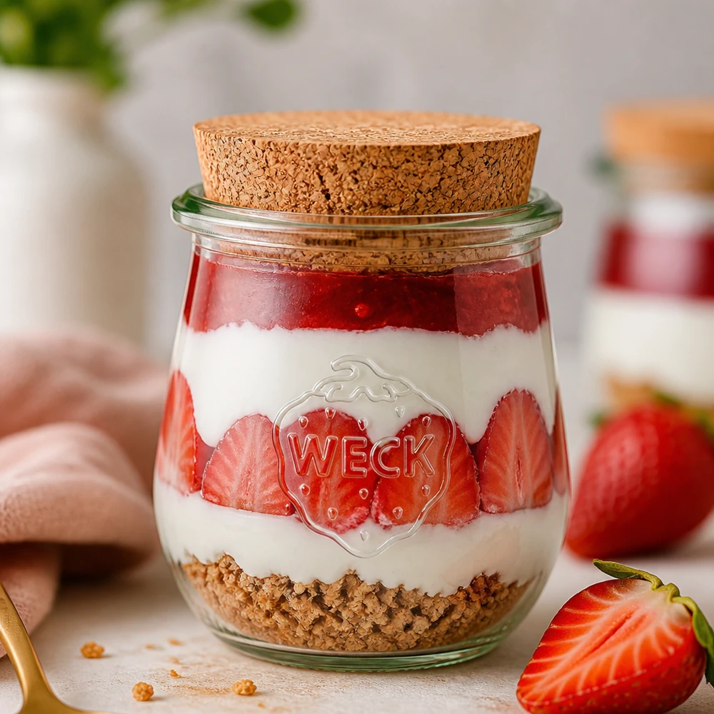 220ml bocal tulipe WECK RR60 avec bouchon nature WECK Tulpenglas 220ml RR60 mit Korken für Desserts Joghurt und Overnight Oats kreative Küchendeko mit Erdbeeren