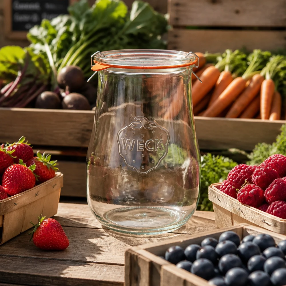 WECK Pot tulipe 1750ml RR100 vide avec des fruits et légumes frais arrangés montre l'utilisation pour la préparation des repas et la conservation de la fraîcheur