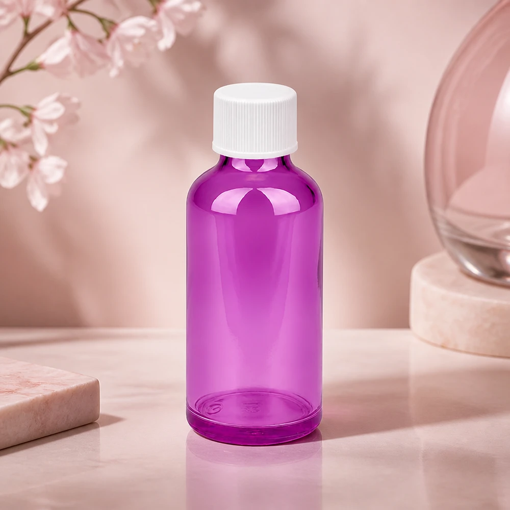 Flacon 50ml bouchon à vis 11mm blanc standard PurpleLine UT18/50 Bouteille en verre violette de 50 ml pratique, parfaite pour les formats de voyage et les kits d'essai.